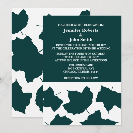 Smaragd Groen Blauw Herfst Blad Wit Boho Bruiloft Kaart (Voorkant / Achterkant)