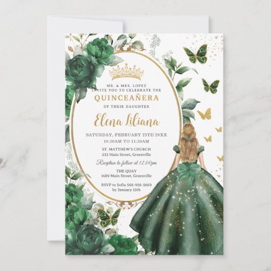 Smaragd Groen Bloemen Blond Prinses Quinceañera Kaart (Voorkant)