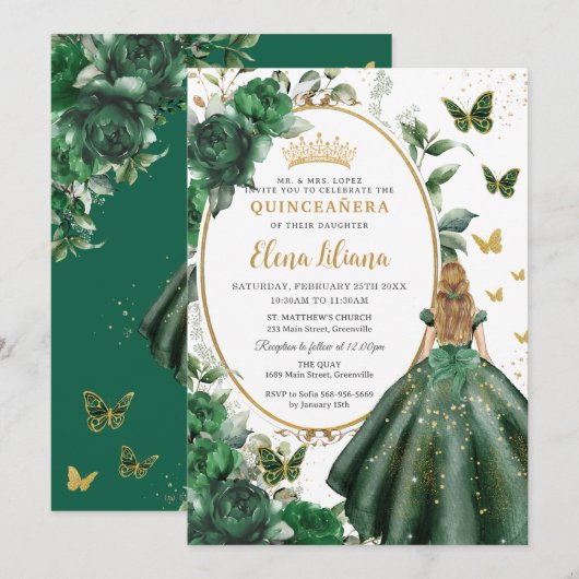Smaragd Groen Bloemen Blond Prinses Quinceañera Kaart (Voorkant / Achterkant)