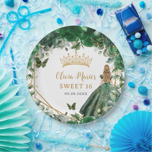 Smaragd Groen Bloemen Blond Prinses Zoet Zestien Papieren Bordje (Feest)
