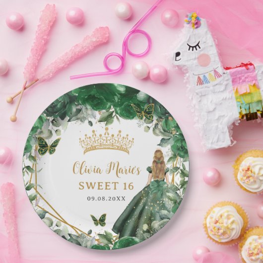 Smaragd Groen Bloemen Blond Prinses Zoet Zestien Papieren Bordje (Feest)