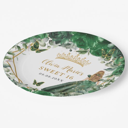 Smaragd Groen Bloemen Blond Prinses Zoet Zestien Papieren Bordje (Gekanteld)