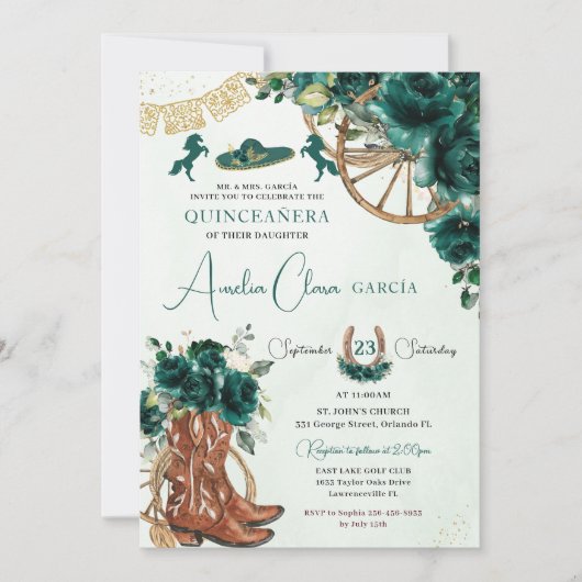 Smaragd Groen Bloemen Charro Cowgirl Quinceanera Kaart (Voorkant)