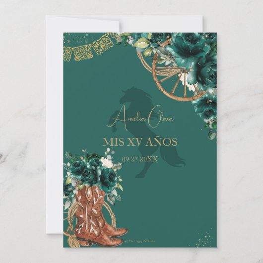 Smaragd Groen Bloemen Charro Cowgirl Quinceanera Kaart (Achterkant)