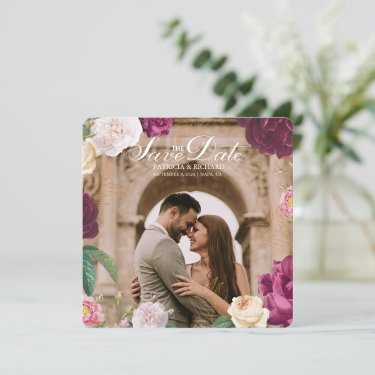 Smaragd Groen Bloemen Foto Bruiloft Save the date Kaart (Staand voorkant)