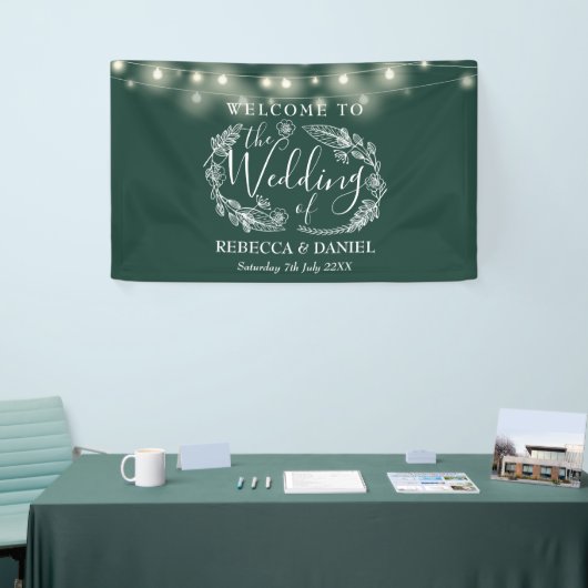 Smaragd Groen Bloemen Garland Script Bruiloft Spandoek (Beurs)