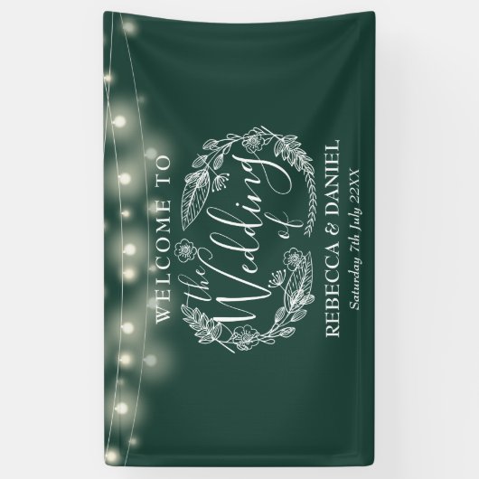 Smaragd Groen Bloemen Garland Script Bruiloft Spandoek (Verticaal)