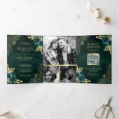 Smaragd Groen Bloemen Goud Kant QR Code Bruiloft Drieluik Uitnodiging (Binnen)