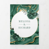 Smaragd Groen Bloemen Marmer Alles in Een Bruiloft Drieluik Uitnodiging (Cover)