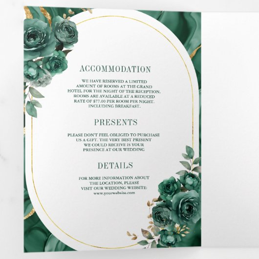 Smaragd Groen Bloemen Marmer Alles in Een Bruiloft Drieluik Uitnodiging (Binnenzijde eerst)