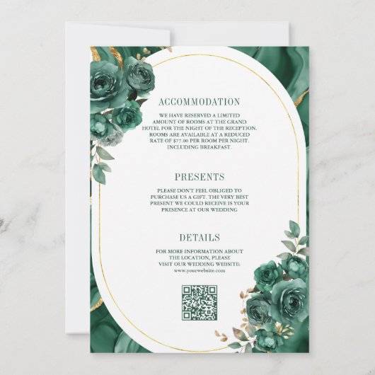 Smaragd Groen Bloemen Marmer Alles in Een Bruiloft Kaart (Achterkant)