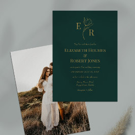 Smaragd Groen Bloemen Monogram Foto Bruiloft Kaart