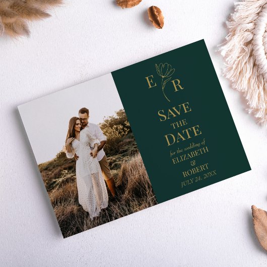 Smaragd Groen Bloemen Monogram Foto Save the Date Kaart