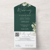 Smaragd Groen Bloemen Monogram QR Code Bruiloft All In One Uitnodiging (Binnen)