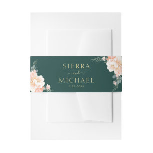 Smaragd Groen Bloemen Perzik Crème Goud Bruiloft Uitnodigingen Wikkel