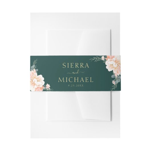 Smaragd Groen Bloemen Perzik Crème Goud Bruiloft Uitnodigingen Wikkel (Voorkant Voorbeeld)