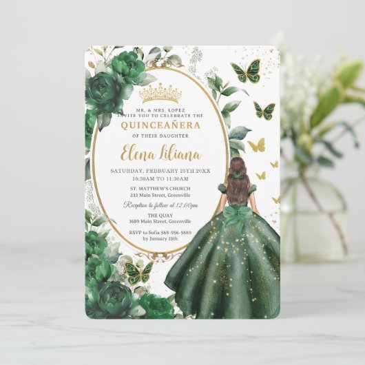 Smaragd Groen Bloemen Prinses Gown Quinceañera Kaart (Staand voorkant)