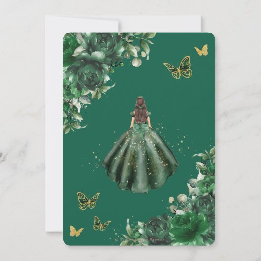 Smaragd Groen Bloemen Prinses Gown Quinceañera Kaart (Achterkant)