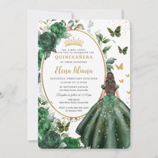 Smaragd Groen Bloemen Prinses Gown Quinceañera Kaart (Voorkant)