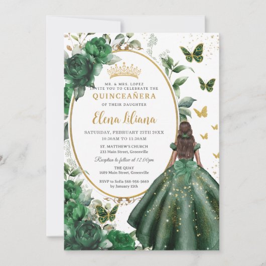 Smaragd Groen Bloemen Prinses Jurk Quinceañera Kaart (Voorkant)
