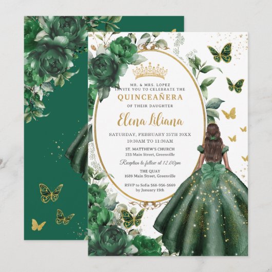 Smaragd Groen Bloemen Prinses Jurk Quinceañera Kaart (Voorkant / Achterkant)
