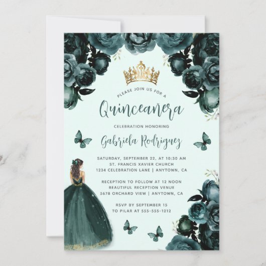Smaragd Groen Bloemen Prinses Quinceañera Kaart (Voorkant)