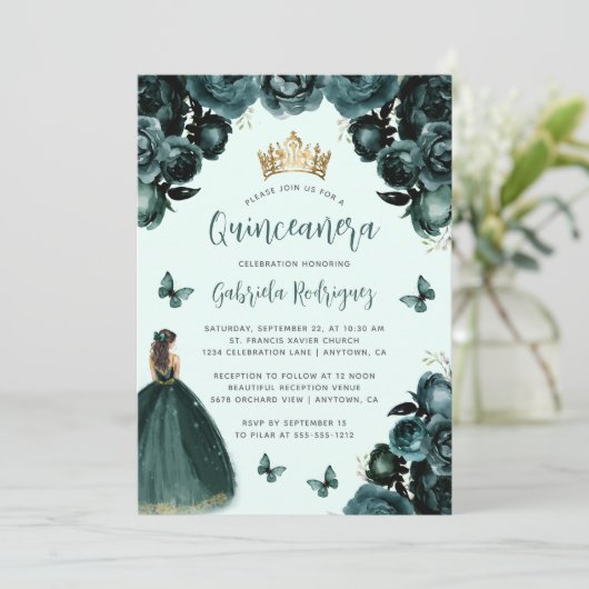 Smaragd Groen Bloemen Prinses Quinceañera Kaart (Staand voorkant)