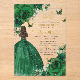 Smaragd Groen Bloemen Prinses Quinceañera Sweet 16 Acryl Uitnodigingen