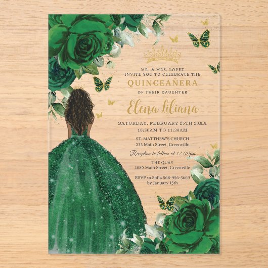Smaragd Groen Bloemen Prinses Quinceañera Sweet 16 Acryl Uitnodigingen (Voorkant)