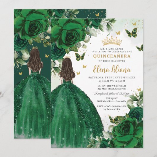 Smaragd Groen Bloemen Prinses Quinceañera Sweet 16 Kaart (Voorkant / Achterkant)