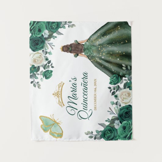 Smaragd Groen Bloemen Quinceañera Goud Welkomstbor Wandkleed (Voorkant)