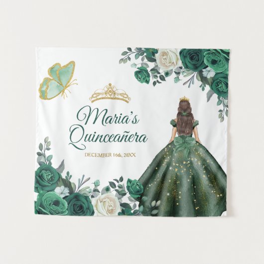 Smaragd Groen Bloemen Quinceañera Goud Welkomstbor Wandkleed (Voorkant (horizontaal))