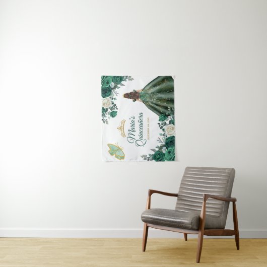 Smaragd Groen Bloemen Quinceañera Goud Welkomstbor Wandkleed (In situ)