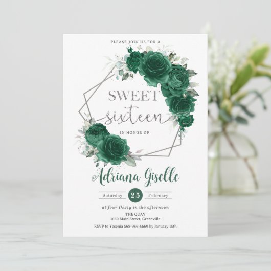 Smaragd Groen Bloemen Zilver Zoet Zestien Verjaard Kaart (Staand voorkant)