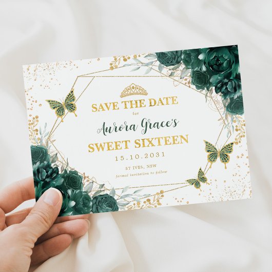 Smaragd Groen Bloemen Zoet Zestien Save the Date Aankondiging