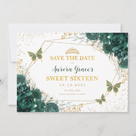Smaragd Groen Bloemen Zoet Zestien Save the Date Aankondiging (Voorkant)