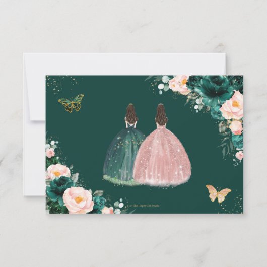 Smaragd Groen Blush Bloemen Twins Quinceañera Reag RSVP Kaartje (Achterkant)
