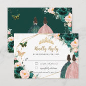 Smaragd Groen Blush Bloemen Twins Quinceañera Reag RSVP Kaartje (Voorkant / Achterkant)
