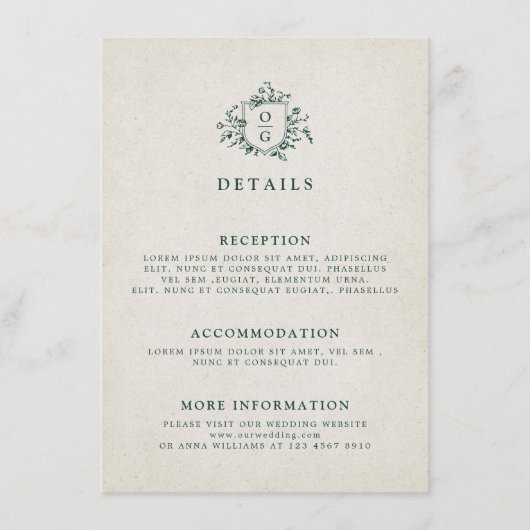 Smaragd groen botanische bruiloft Details Informatiekaartje (Voorkant)