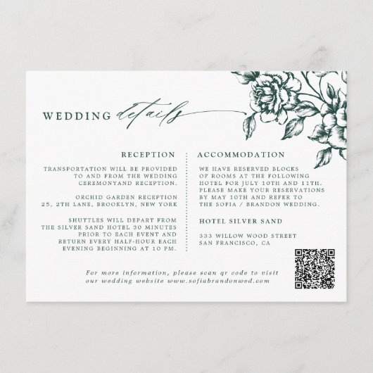 Smaragd groen  botanische bruiloft Details Informatiekaartje (Voorkant)