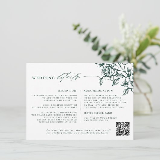 Smaragd groen  botanische bruiloft Details Informatiekaartje (Staand voorkant)