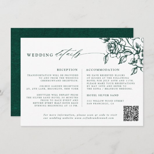 Smaragd groen  botanische bruiloft Details Informatiekaartje (Voorkant / Achterkant)