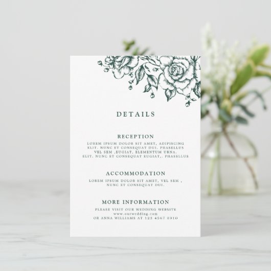 Smaragd groen  botanische bruiloft Details Informatiekaartje (Staand voorkant)