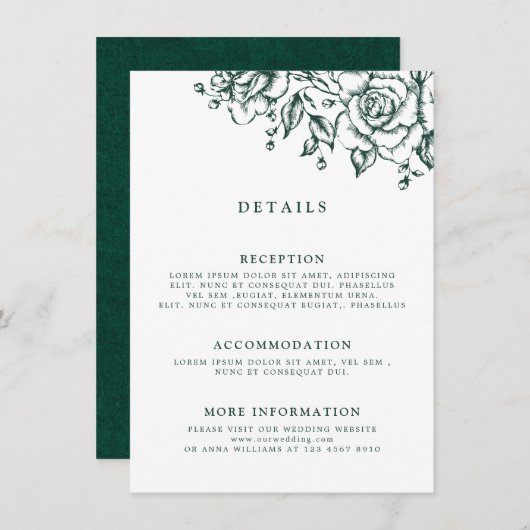 Smaragd groen  botanische bruiloft Details Informatiekaartje (Voorkant / Achterkant)