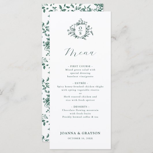 Smaragd groen botanische bruiloft menu (Voorkant / Achterkant)