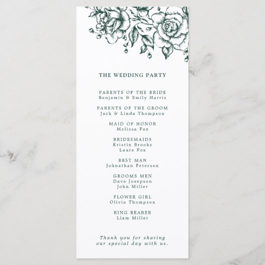 Smaragd groen botanische bruiloft programmakaart (Achterkant)