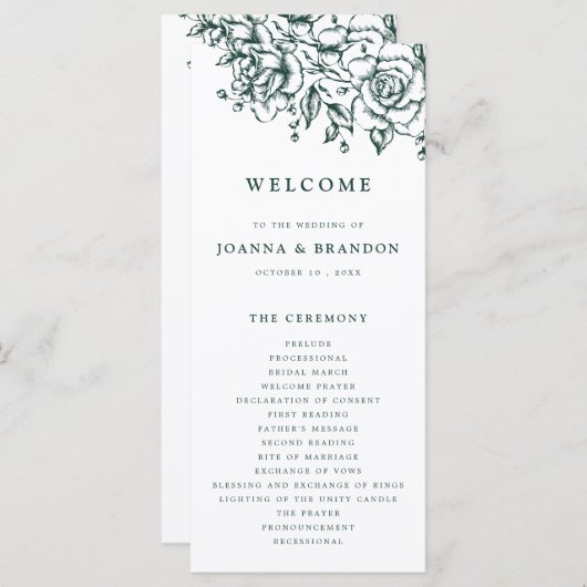 Smaragd groen botanische bruiloft programmakaart (Voorkant / Achterkant)