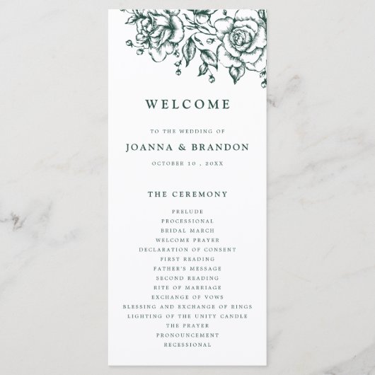 Smaragd groen  botanische bruiloft programmakaart (Voorkant)