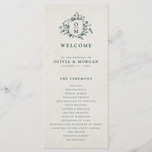 Smaragd groen  botanische bruiloft programmakaart (Voorkant)