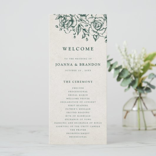 Smaragd groen botanische bruiloft programmakaart (Staand voorkant)